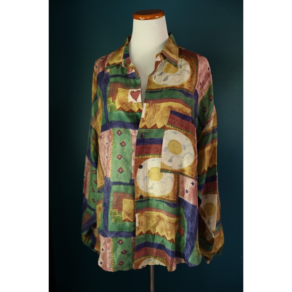 Vintage 90s Sun Stars Heart Celestial Button Up Long Sleeve Colorful Silk Shirt